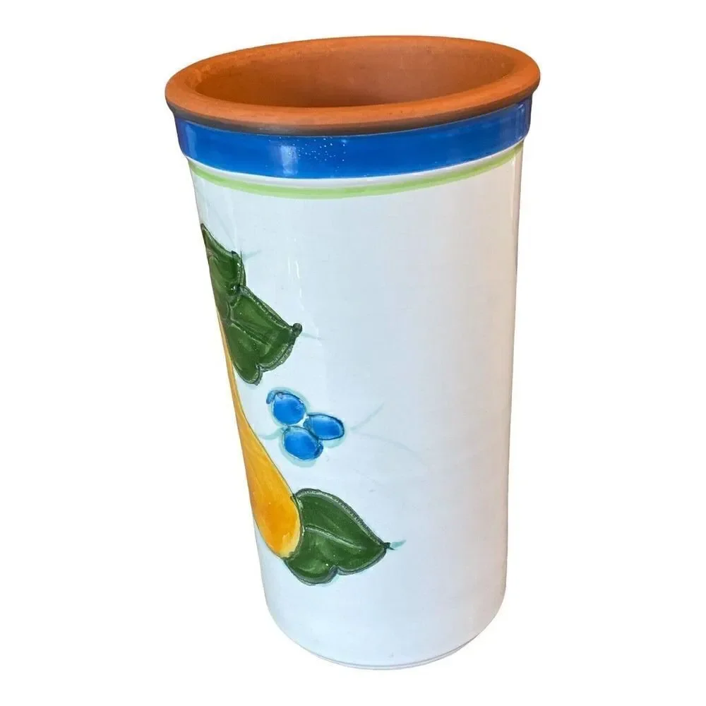 Vtg Italy Utensil Holder Wine Cooler Hand Painted Terracotta Floral Fruit 9.25